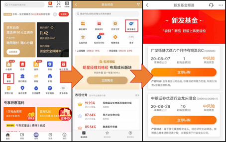 （京东金融App页面新发基金购买指引）