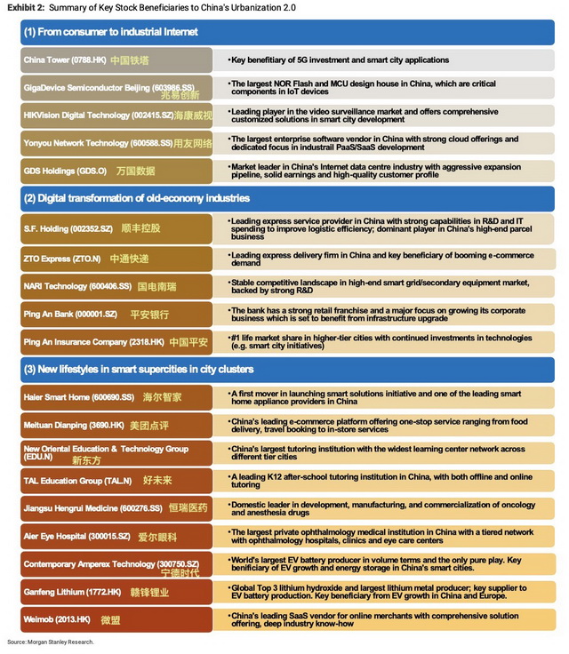 城市化2.0受益公司名单（资料来源：摩根士丹利）