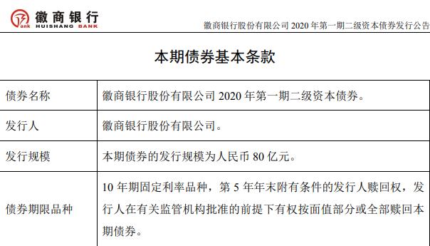 徽商银行拟发行二级资本债 首期募资不超过80亿元